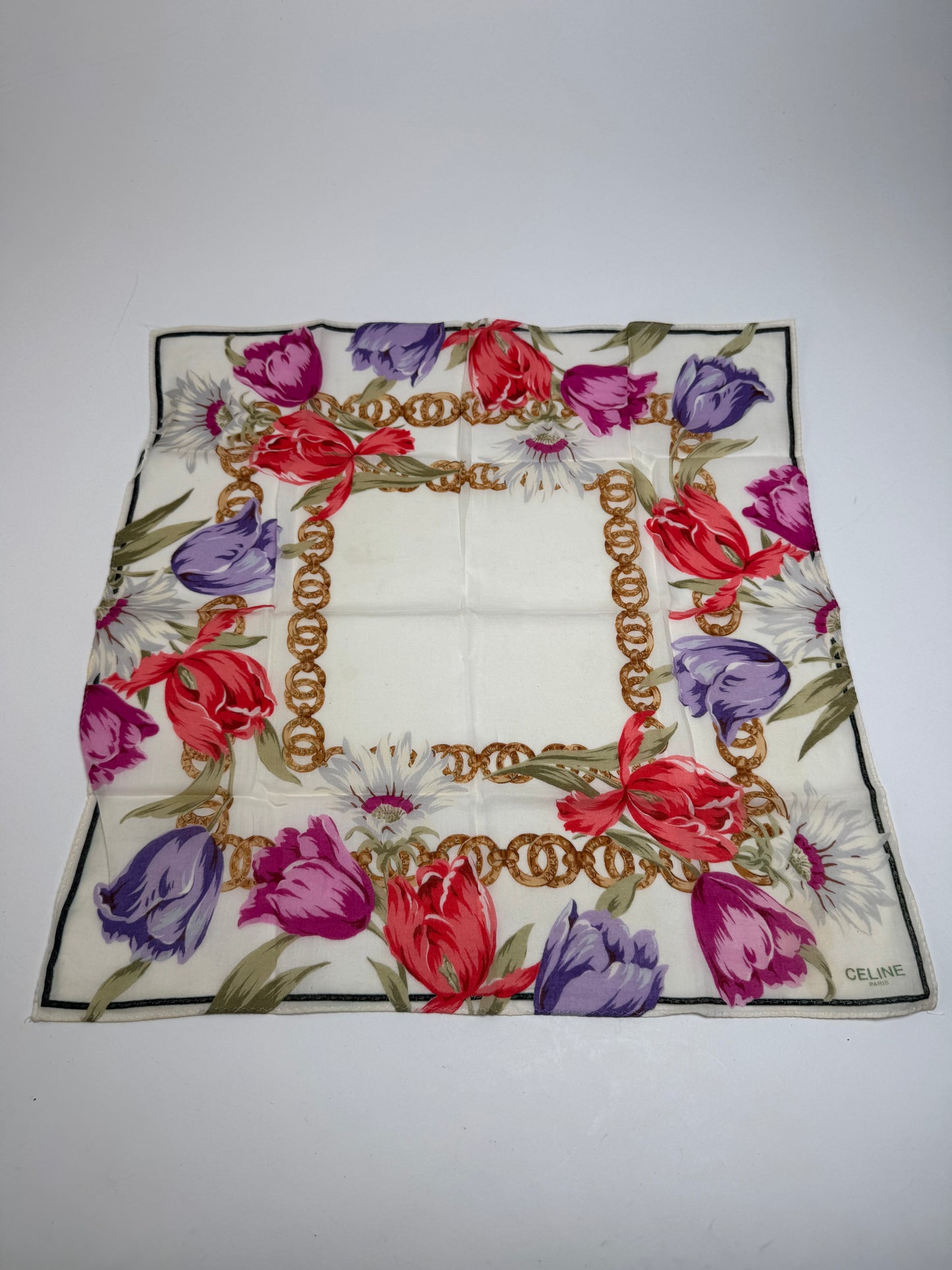 Vintage Celine Paris Floral Scarf White Red Purple Gold
