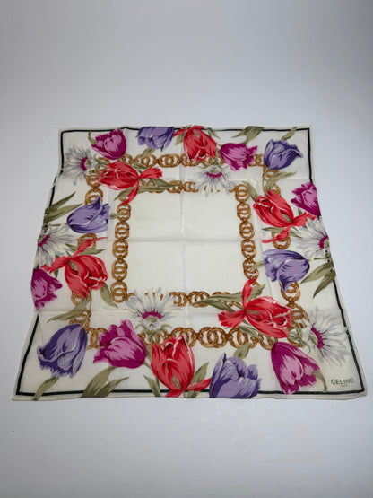 Vintage Celine Paris Floral Scarf White Red Purple Gold