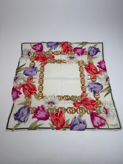 Vintage Celine Paris Floral Scarf White Red Purple Gold