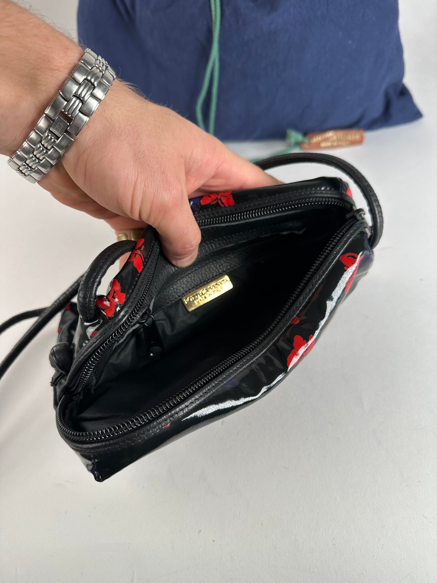 Vintage Bottega Veneta Patent Leather Butterfly Monogram Multiway Bag Black Red Blue