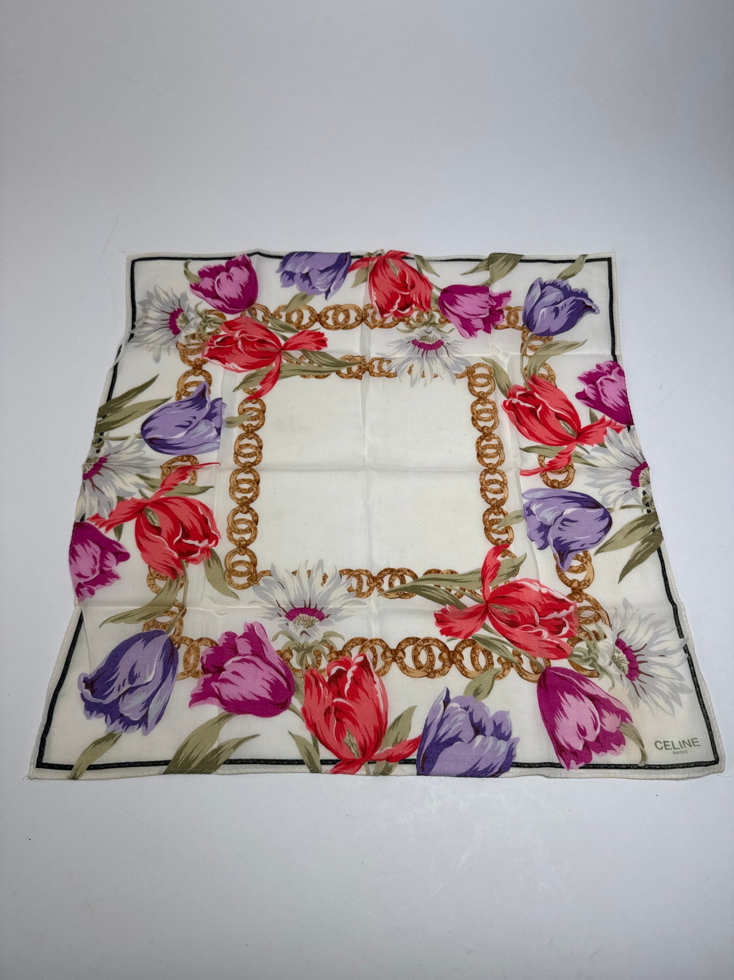 Vintage Celine Paris Floral Scarf White Red Purple Gold