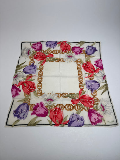 Vintage Celine Paris Floral Scarf White Red Purple Gold