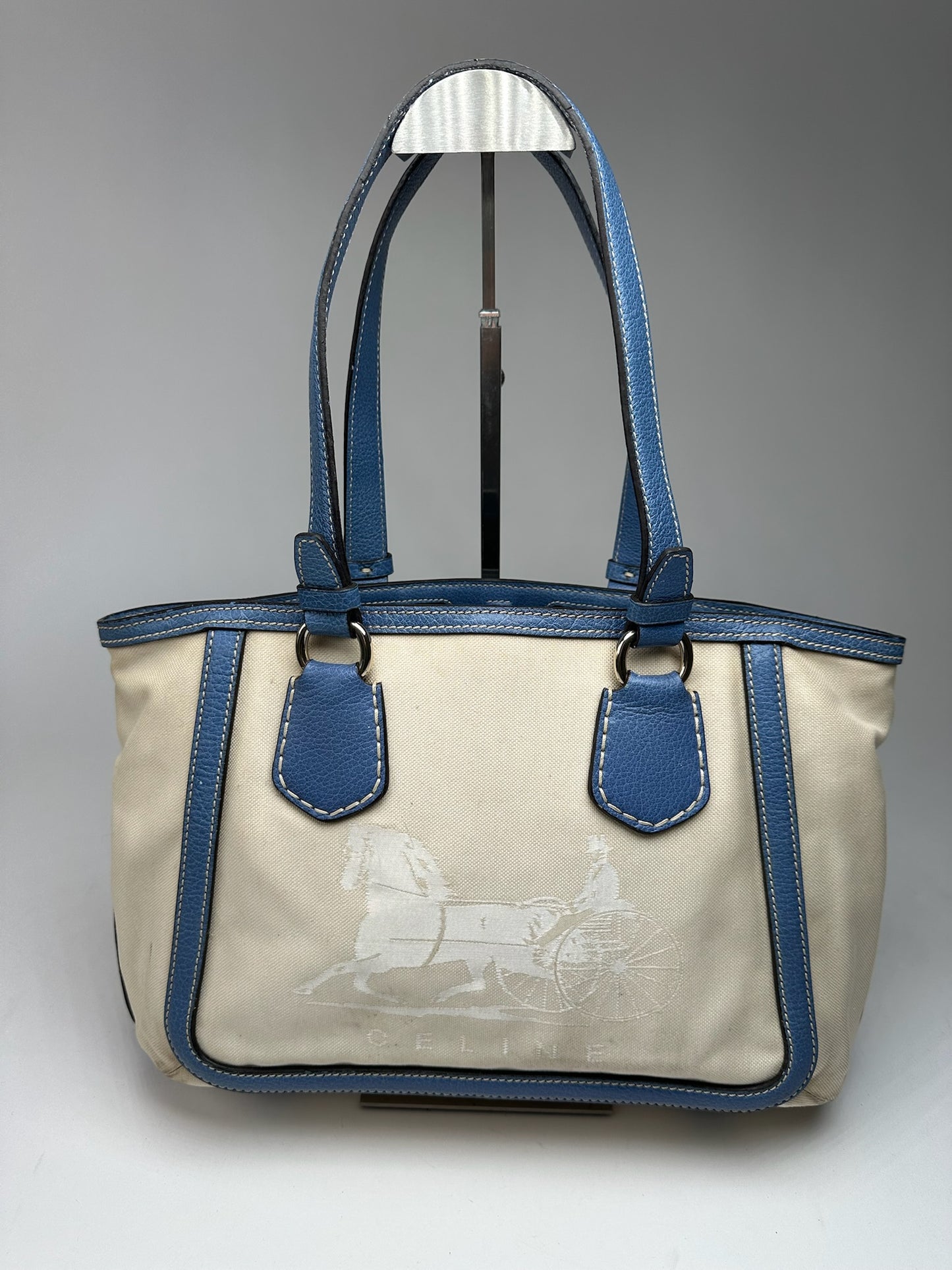 Vintage Céline Paris Canvas Leather Bag Blue Beige