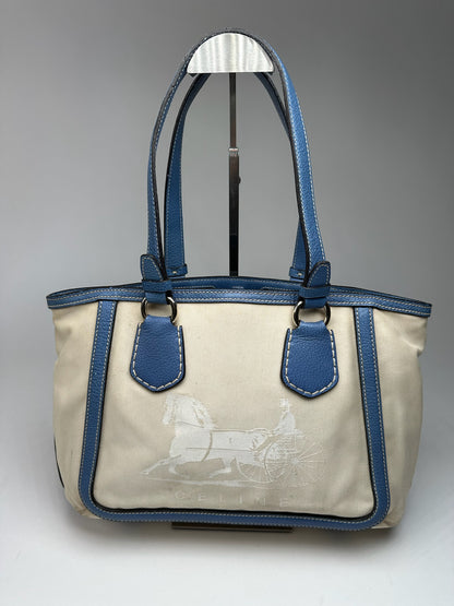 Vintage Céline Paris Canvas Leather Bag Blue Beige