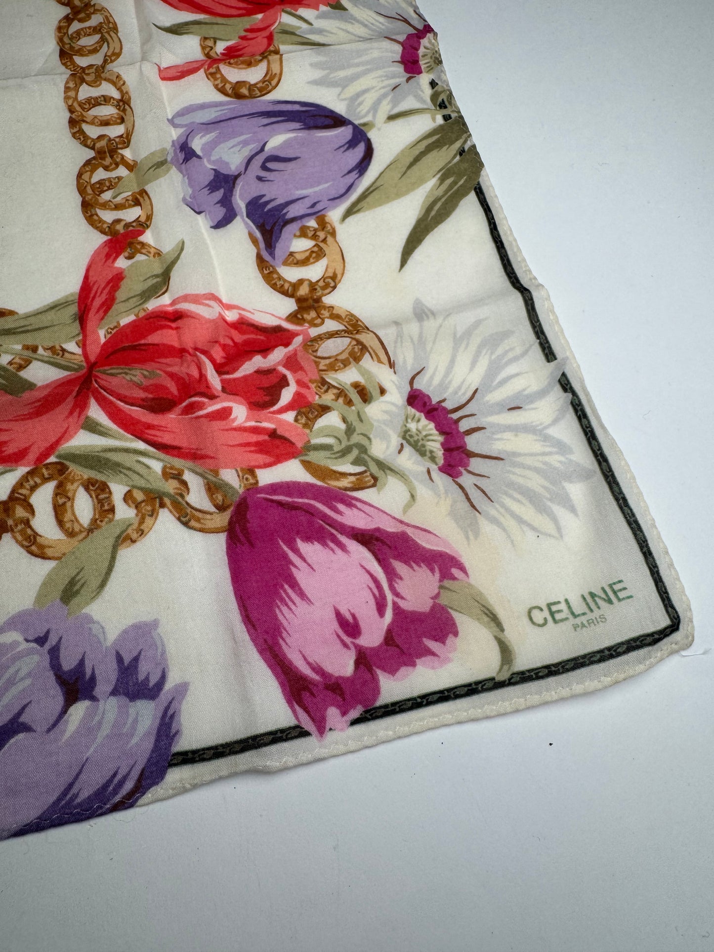 Vintage Celine Paris Floral Scarf White Red Purple Gold