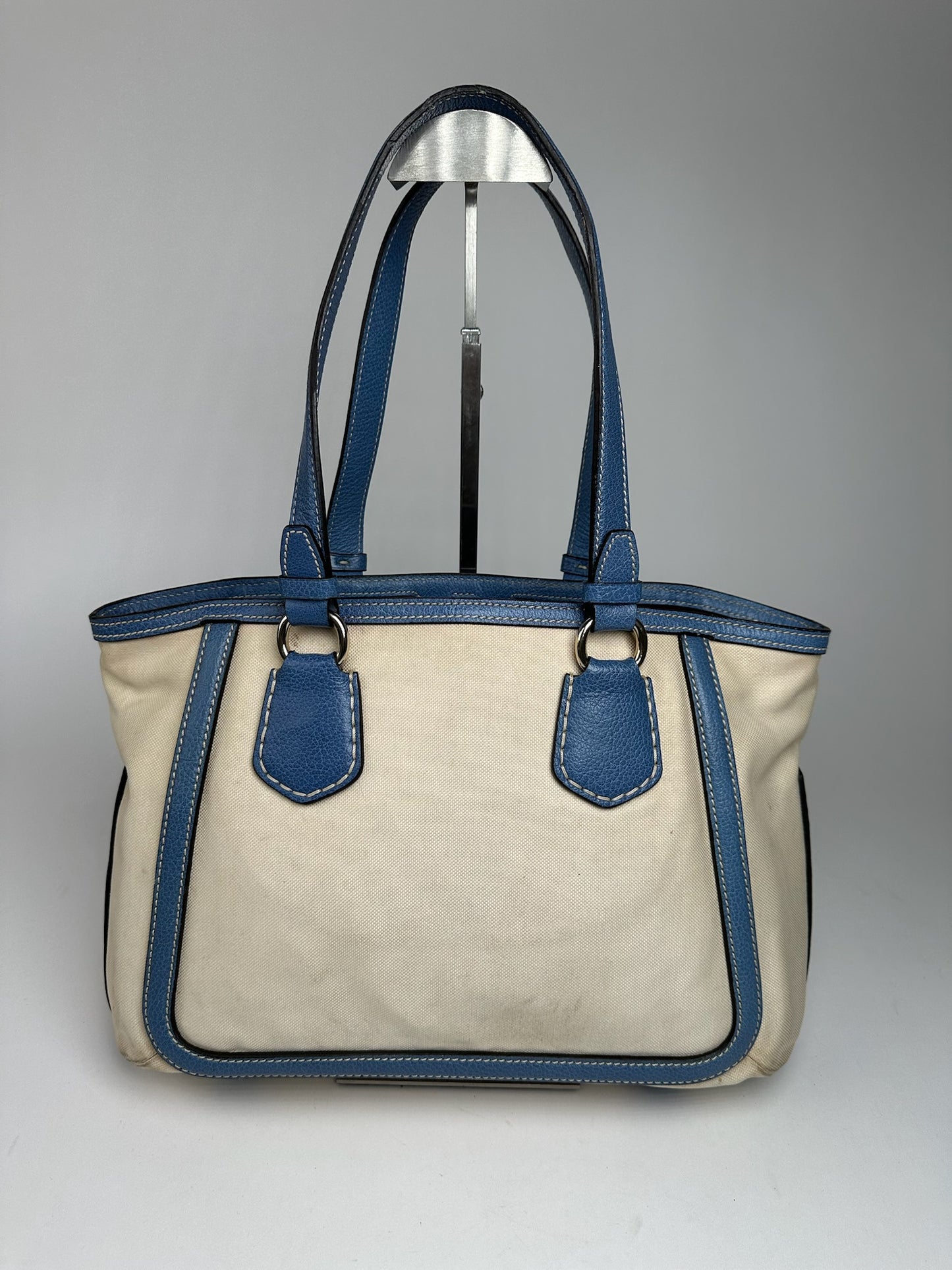 Vintage Céline Paris Canvas Leather Bag Blue Beige
