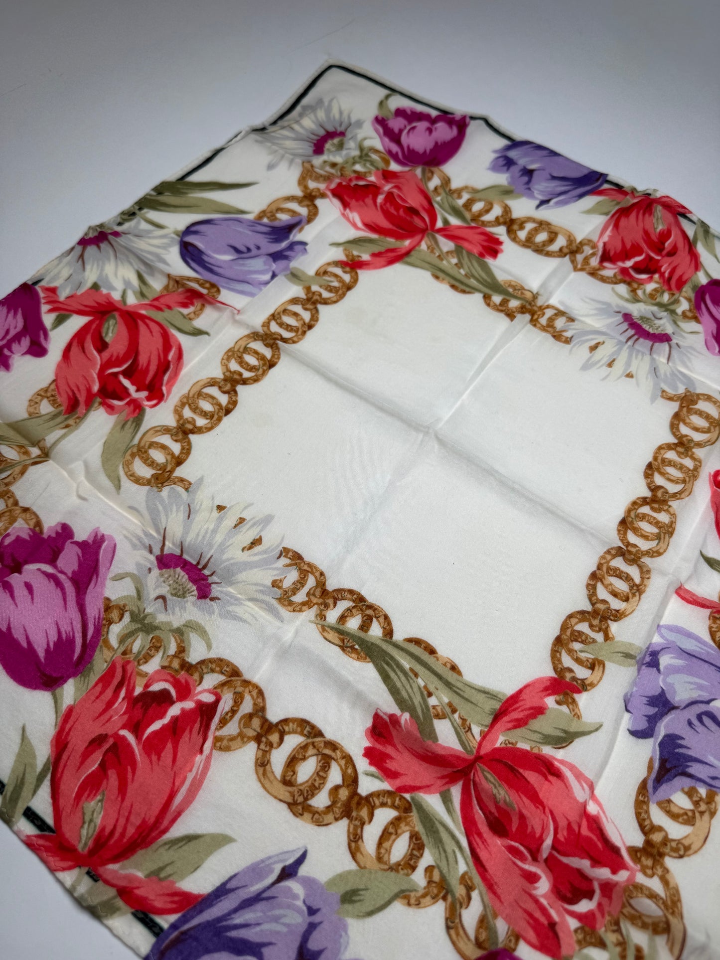 Vintage Celine Paris Floral Scarf White Red Purple Gold
