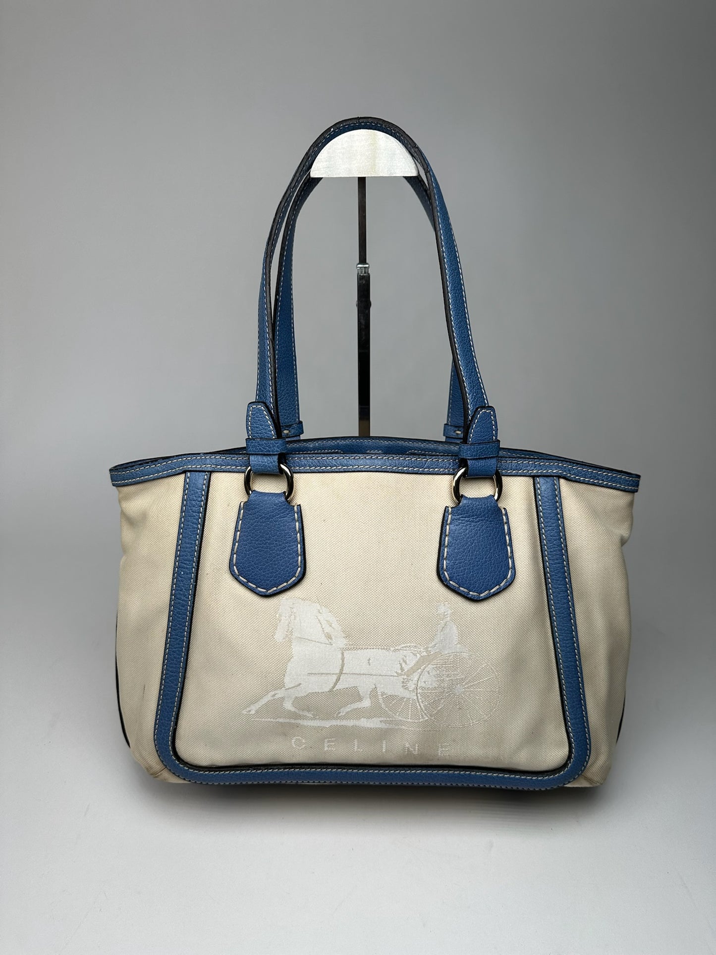 Vintage Céline Paris Canvas Leather Bag Blue Beige