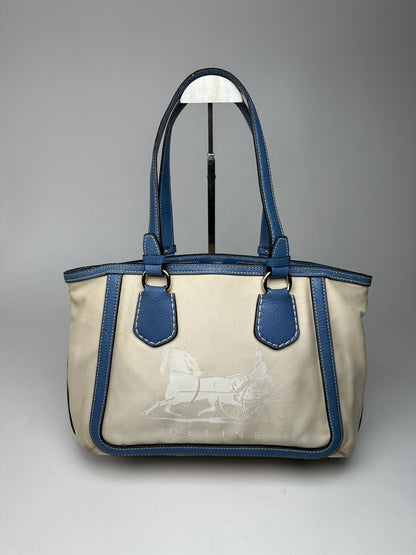 Vintage Céline Paris Canvas Leather Bag Blue Beige