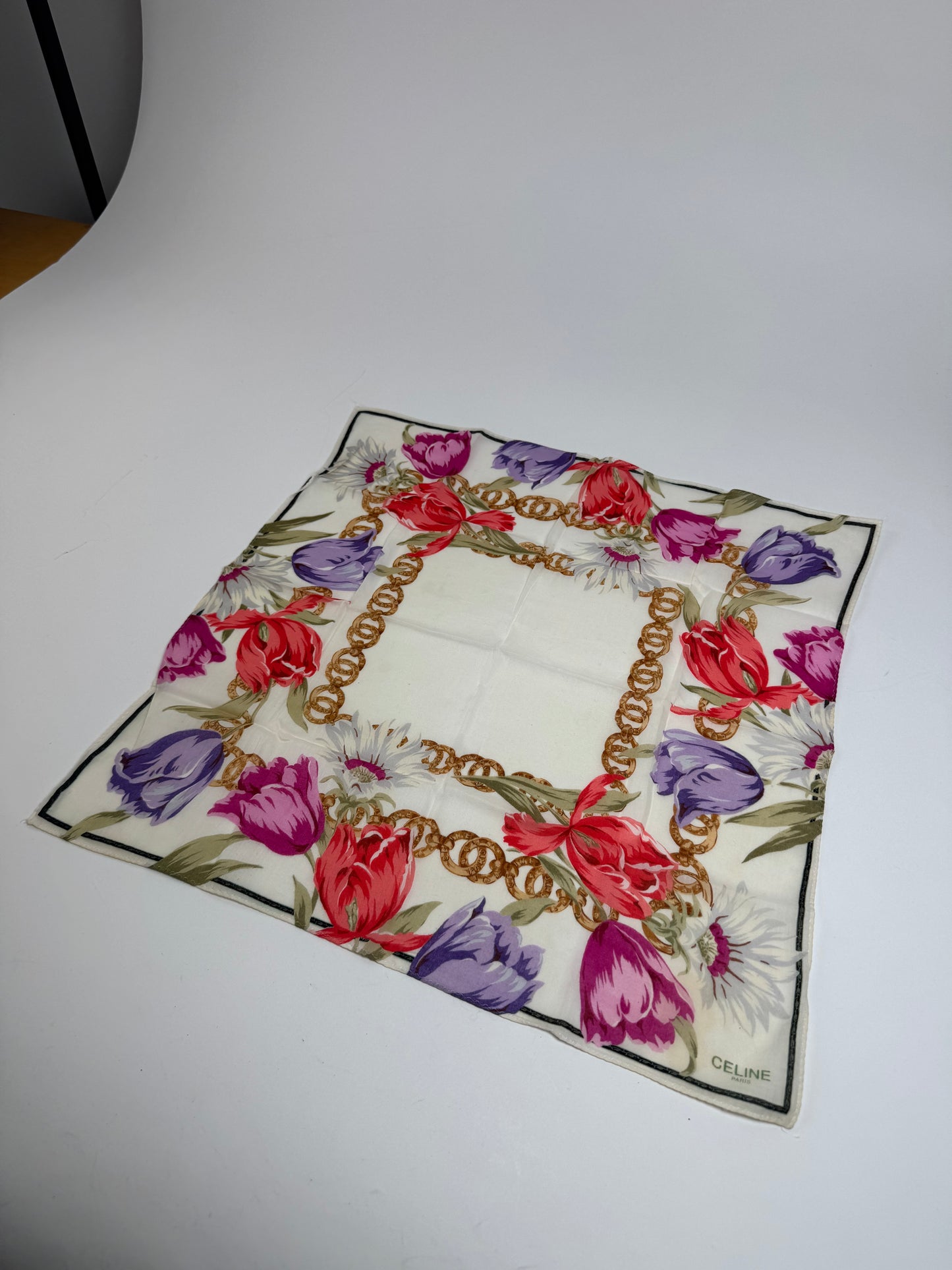 Vintage Celine Paris Floral Scarf White Red Purple Gold