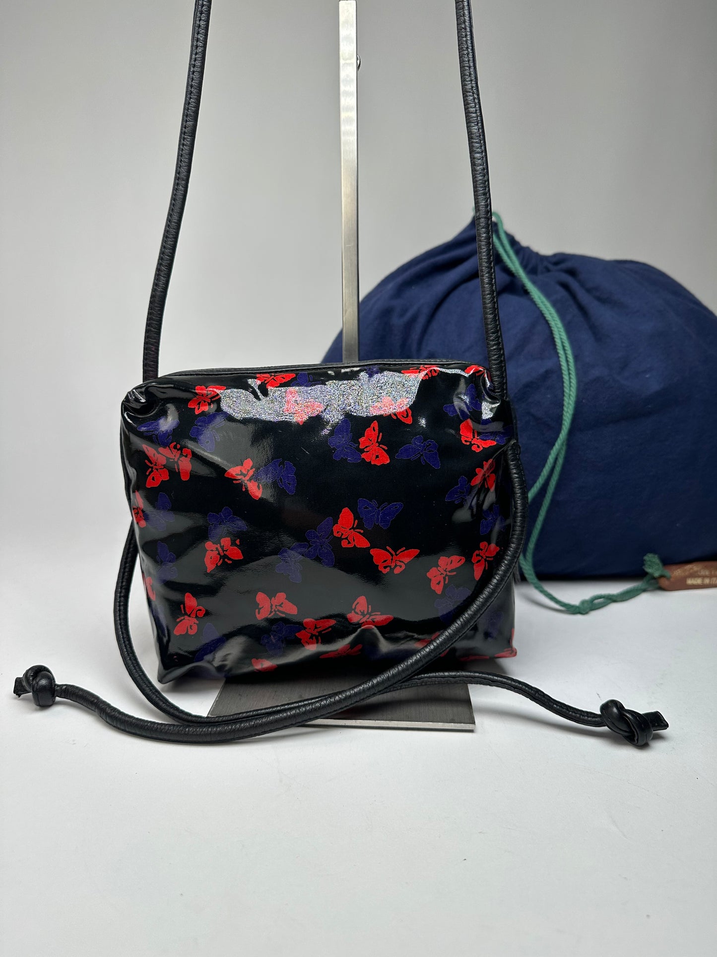 Vintage Bottega Veneta Patent Leather Butterfly Monogram Multiway Bag Black Red Blue