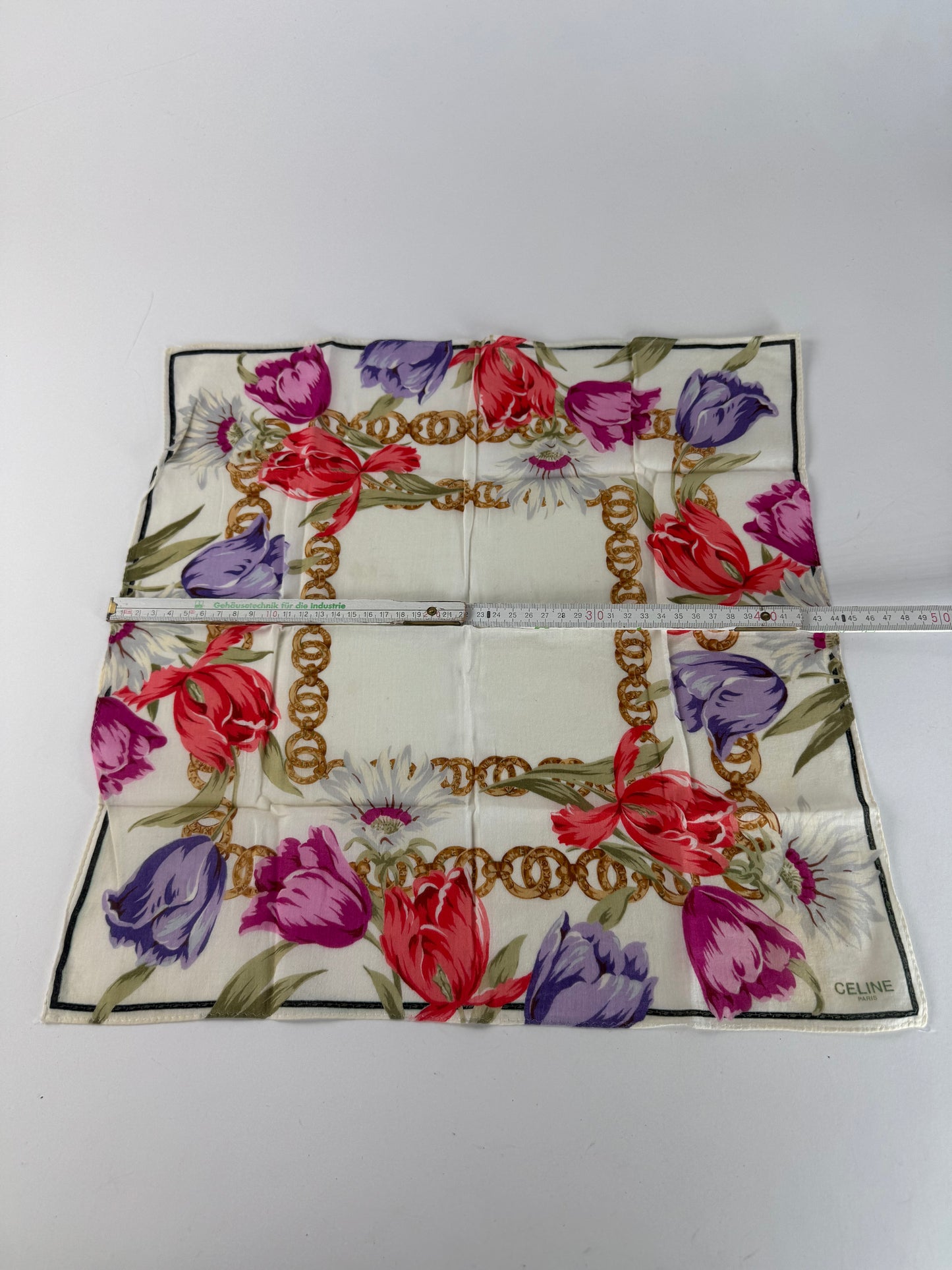 Vintage Celine Paris Floral Scarf White Red Purple Gold