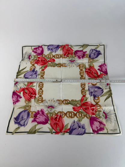 Vintage Celine Paris Floral Scarf White Red Purple Gold