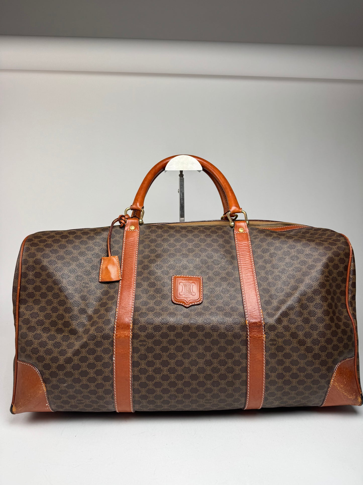 Vintage Celine Paris Leather Monogram Duffel Bag Brown