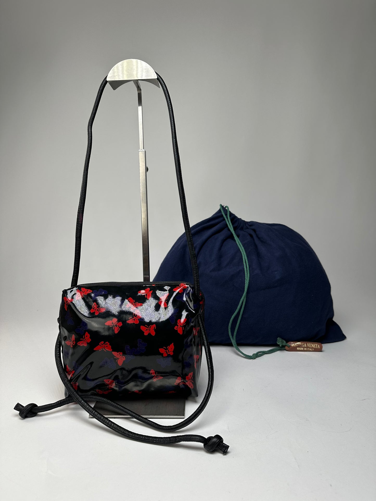 Vintage Bottega Veneta Patent Leather Butterfly Monogram Multiway Bag Black Red Blue