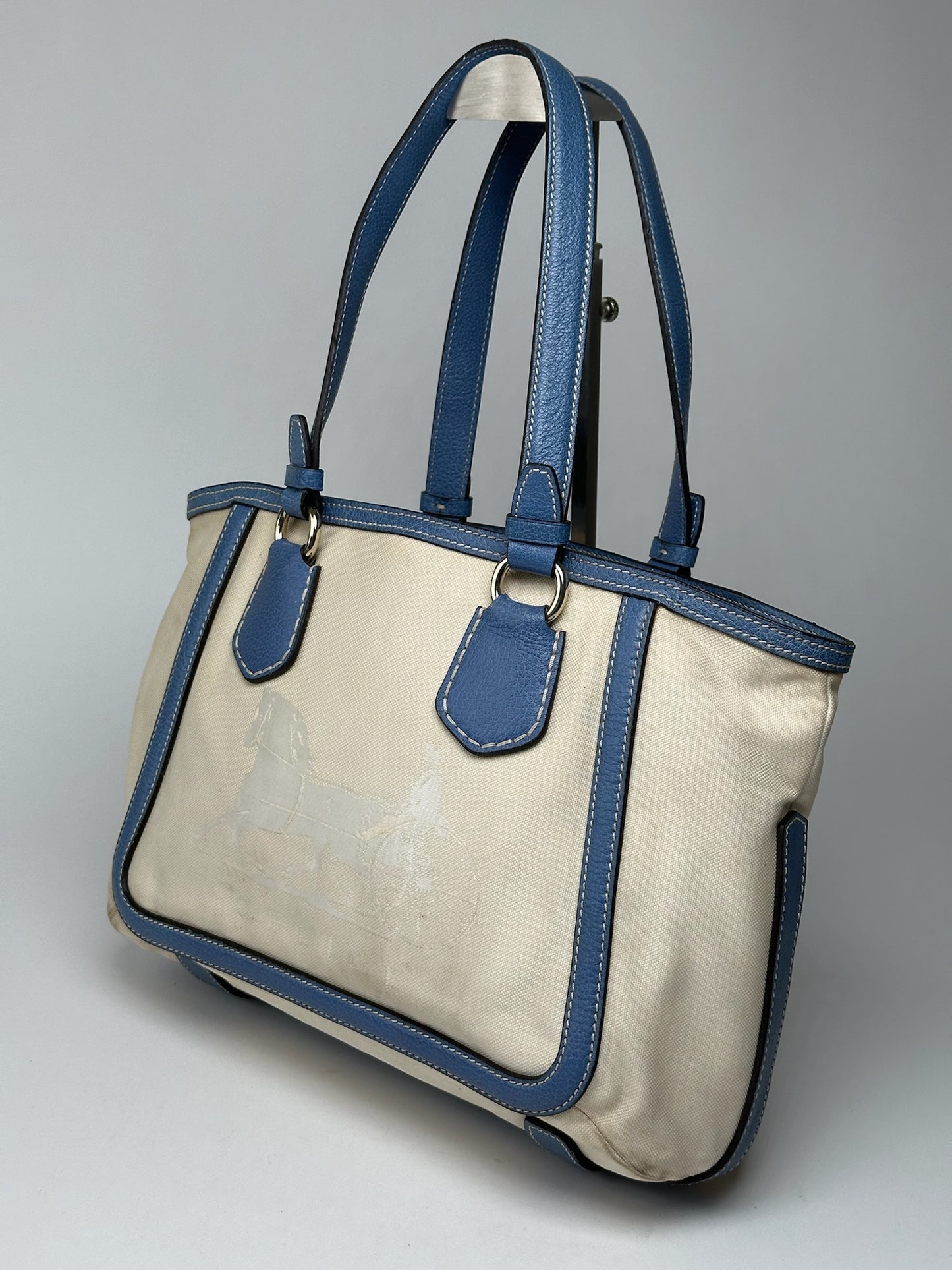 Vintage Céline Paris Canvas Leather Bag Blue Beige