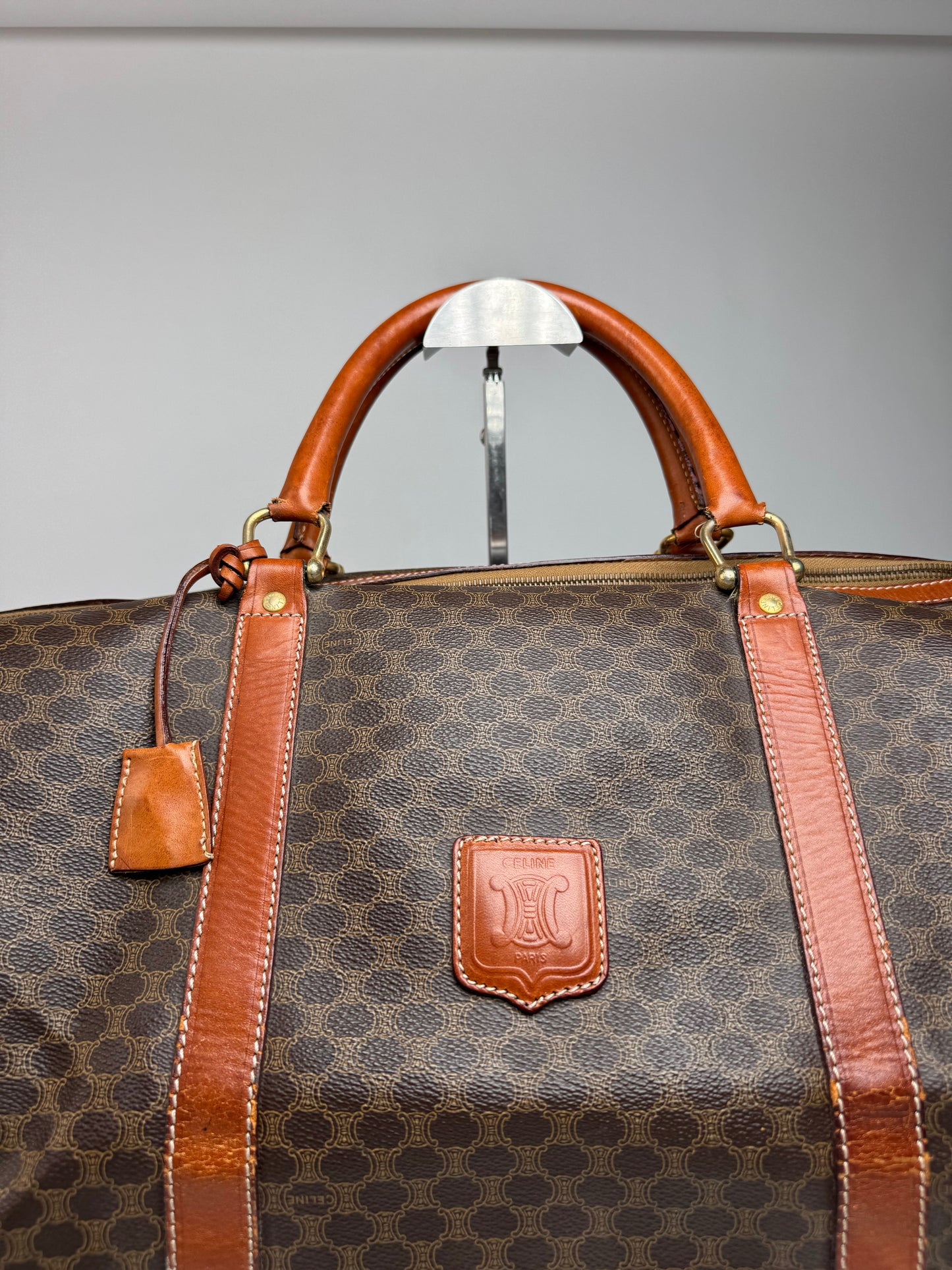 Vintage Celine Paris Leather Monogram Duffel Bag Brown