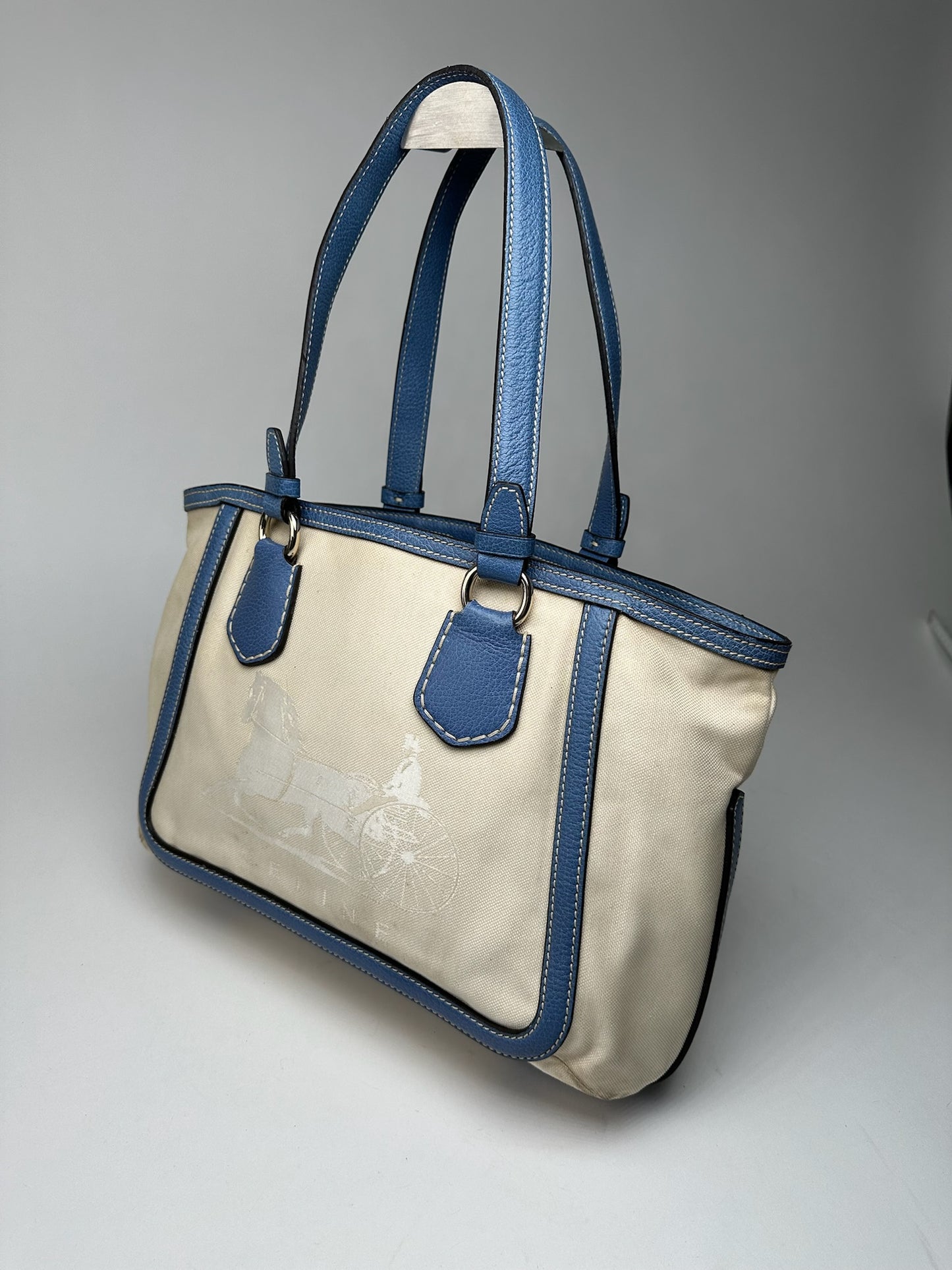 Vintage Céline Paris Canvas Leather Bag Blue Beige