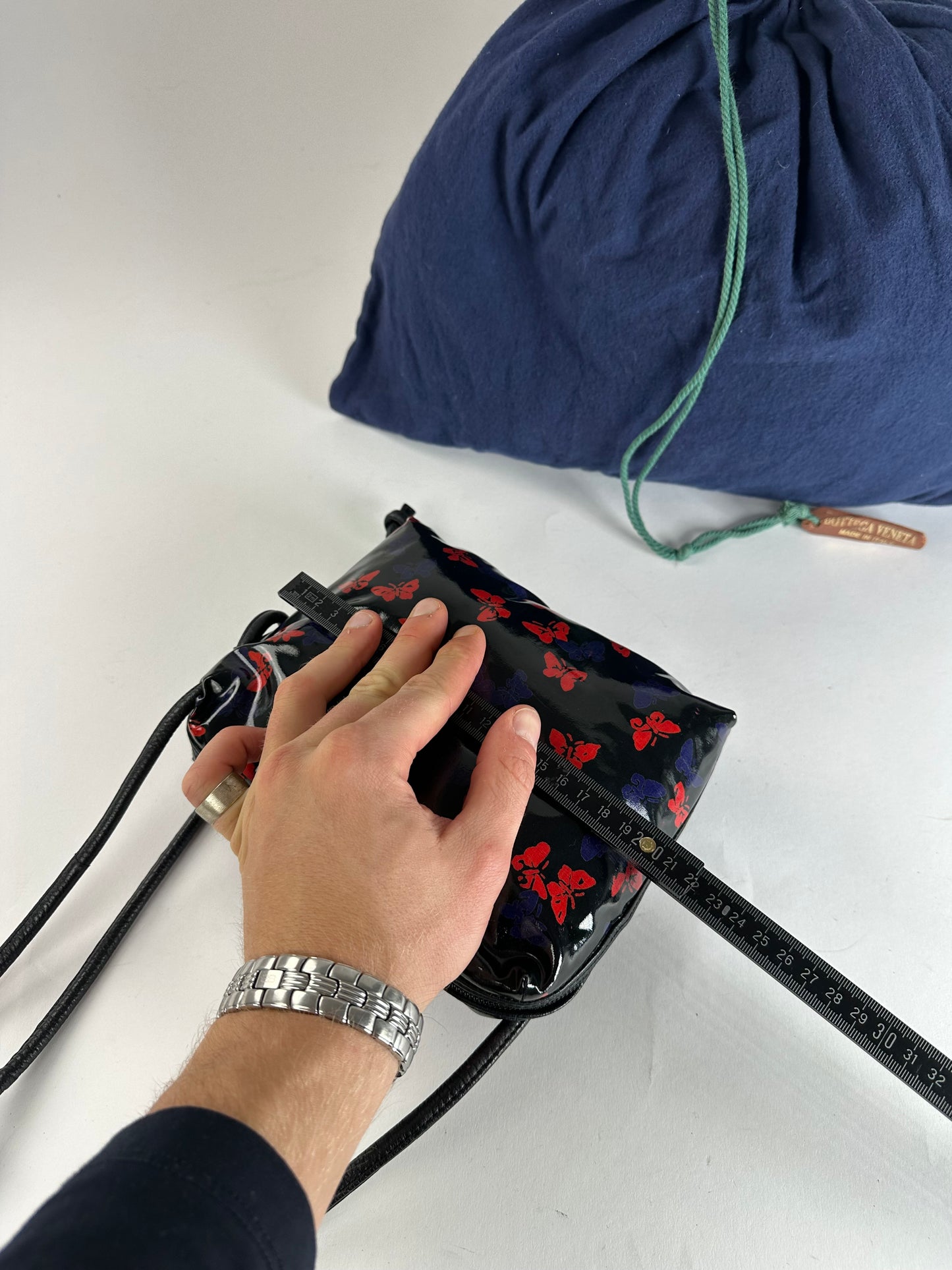 Vintage Bottega Veneta Patent Leather Butterfly Monogram Multiway Bag Black Red Blue