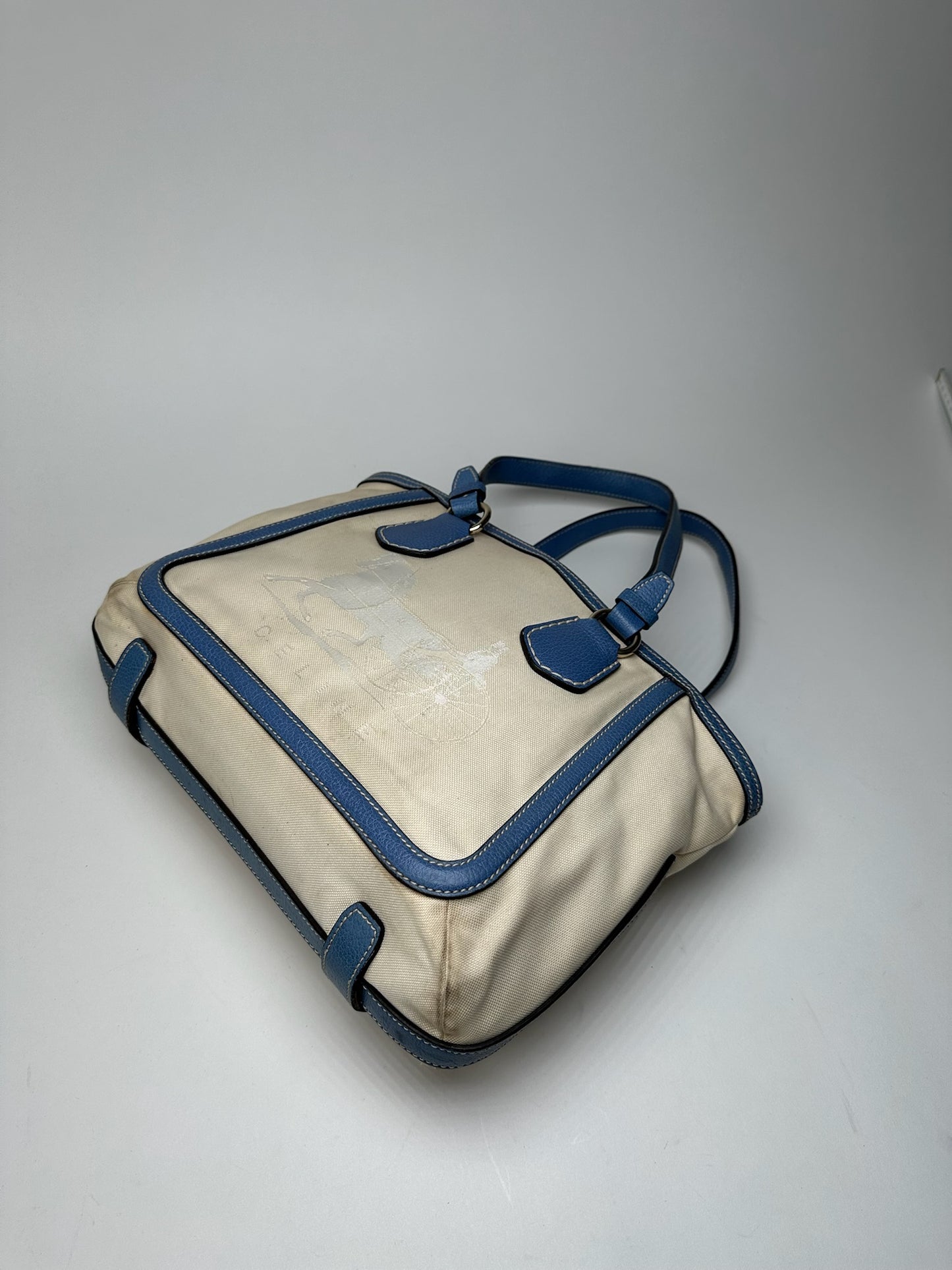 Vintage Céline Paris Canvas Leather Bag Blue Beige