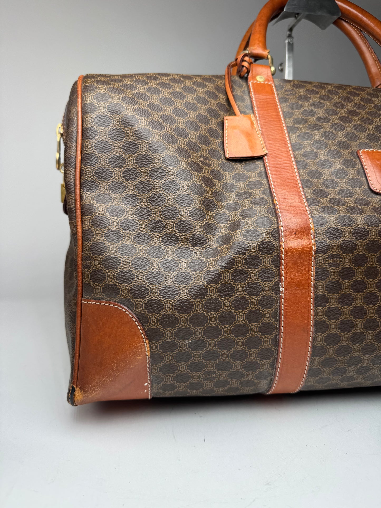 Vintage Celine Paris Leather Monogram Duffel Bag Brown