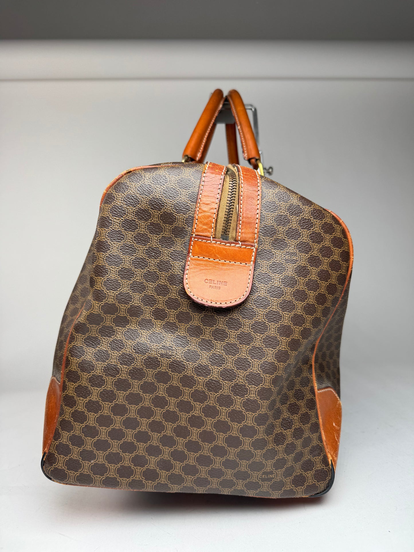 Vintage Celine Paris Leather Monogram Duffel Bag Brown