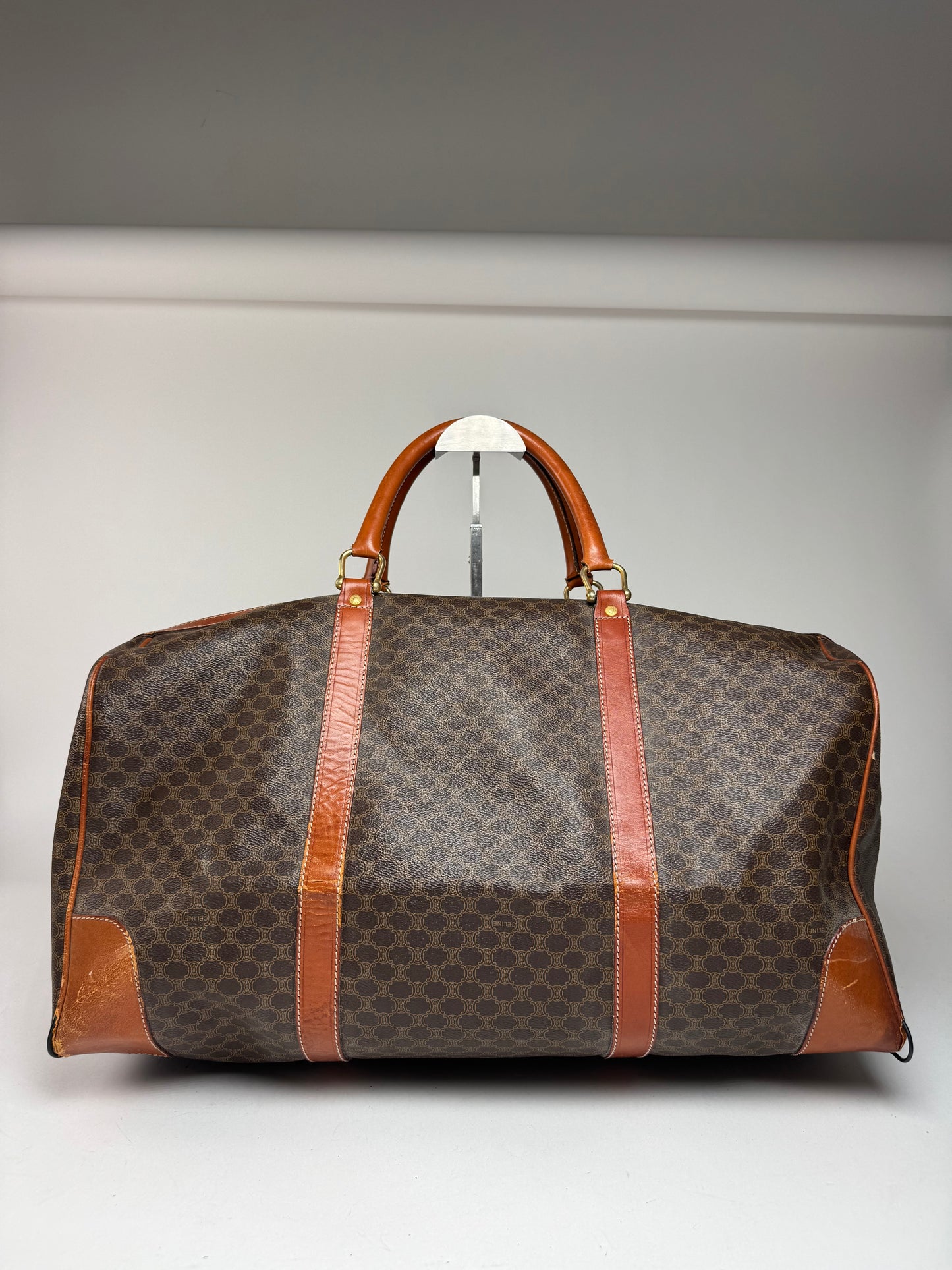 Vintage Celine Paris Leather Monogram Duffel Bag Brown
