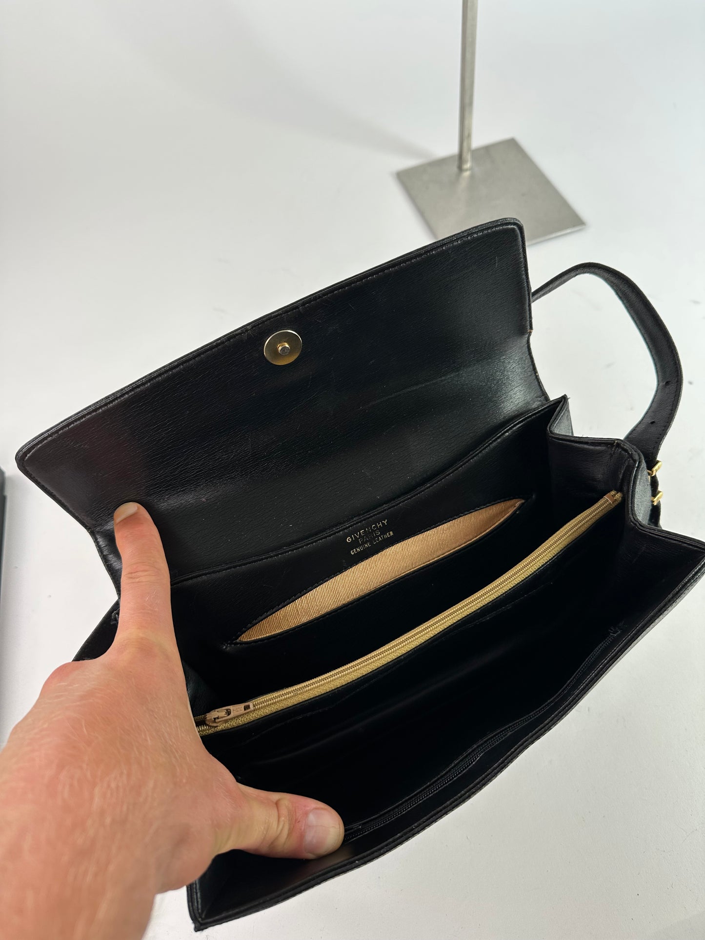 Vintage Givenchy Grained Leather Shoulder Bag Black Gold