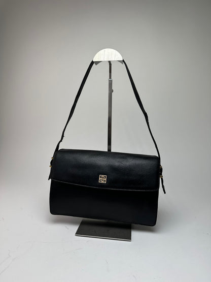 Vintage Givenchy Grained Leather Shoulder Bag Black Gold