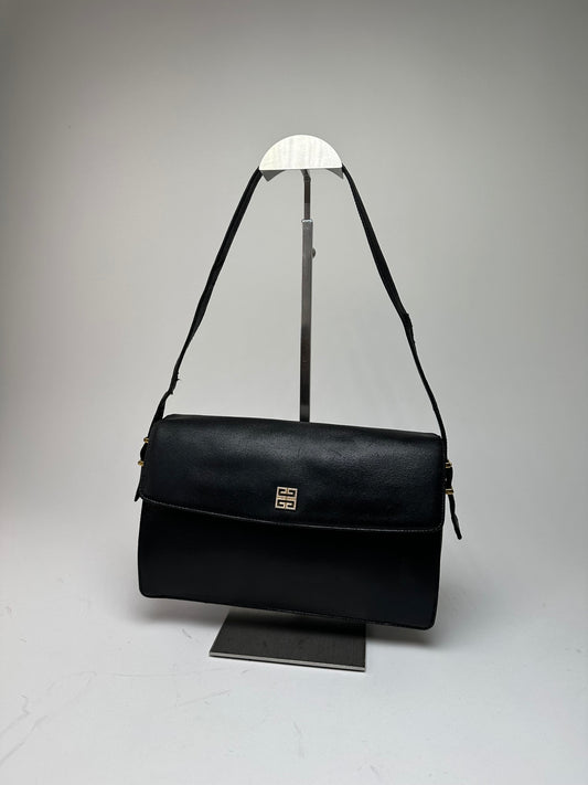 Vintage Givenchy Grained Leather Shoulder Bag Black Gold