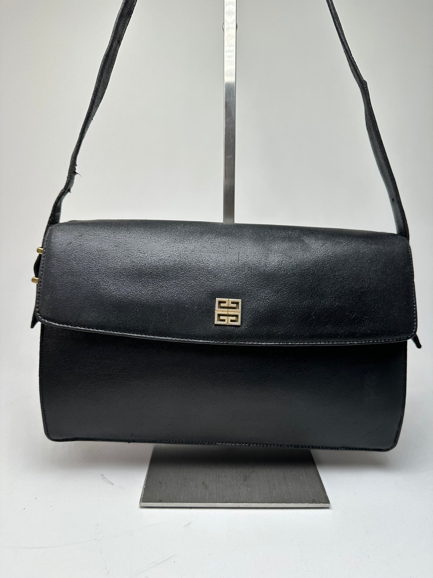 Vintage Givenchy Grained Leather Shoulder Bag Black Gold