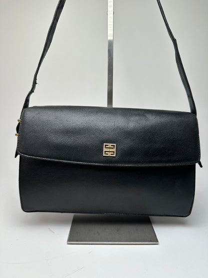 Vintage Givenchy Grained Leather Shoulder Bag Black Gold