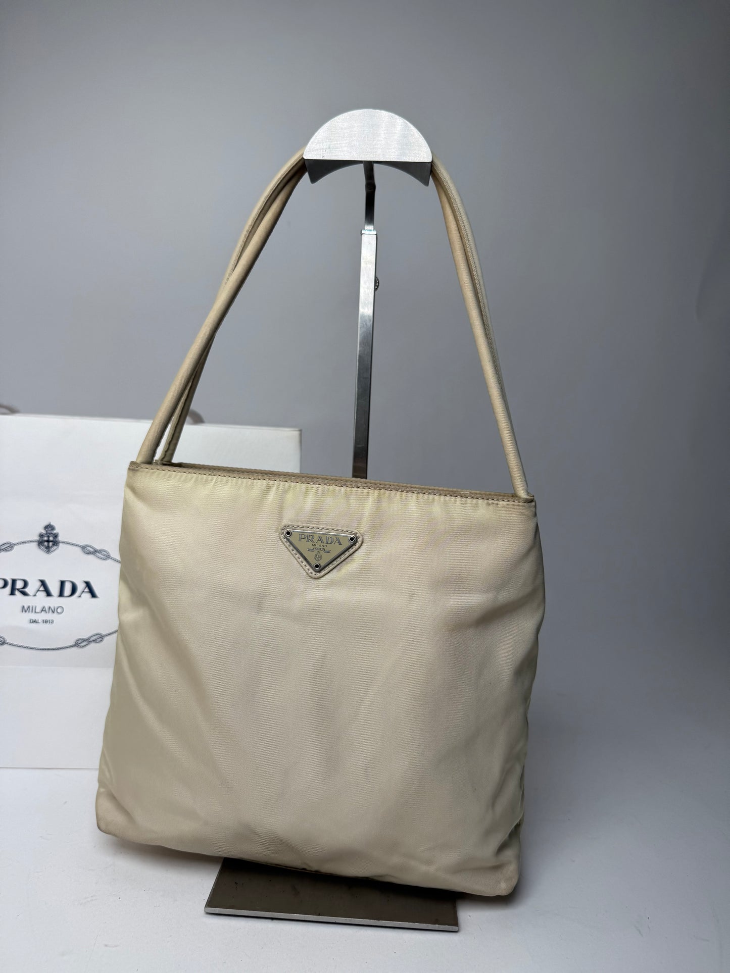 Vintage Prada Polyester Triangle Bag Beige
