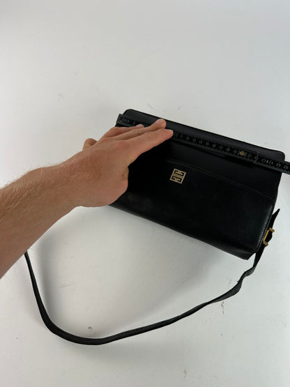 Vintage Givenchy Grained Leather Shoulder Bag Black Gold