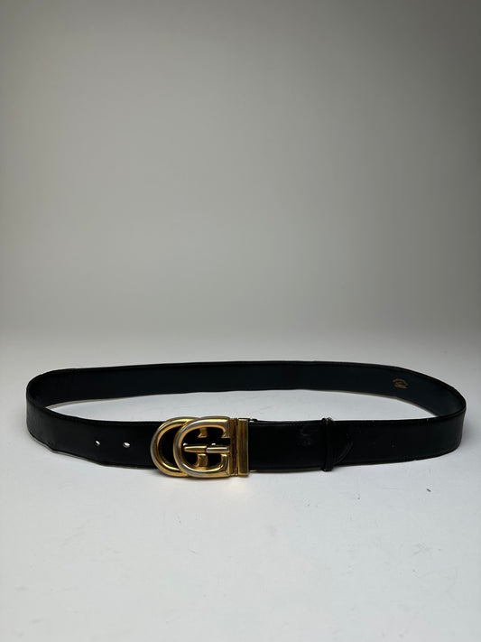 Vintage Gucci GG Logo Leather Belt Black Gold