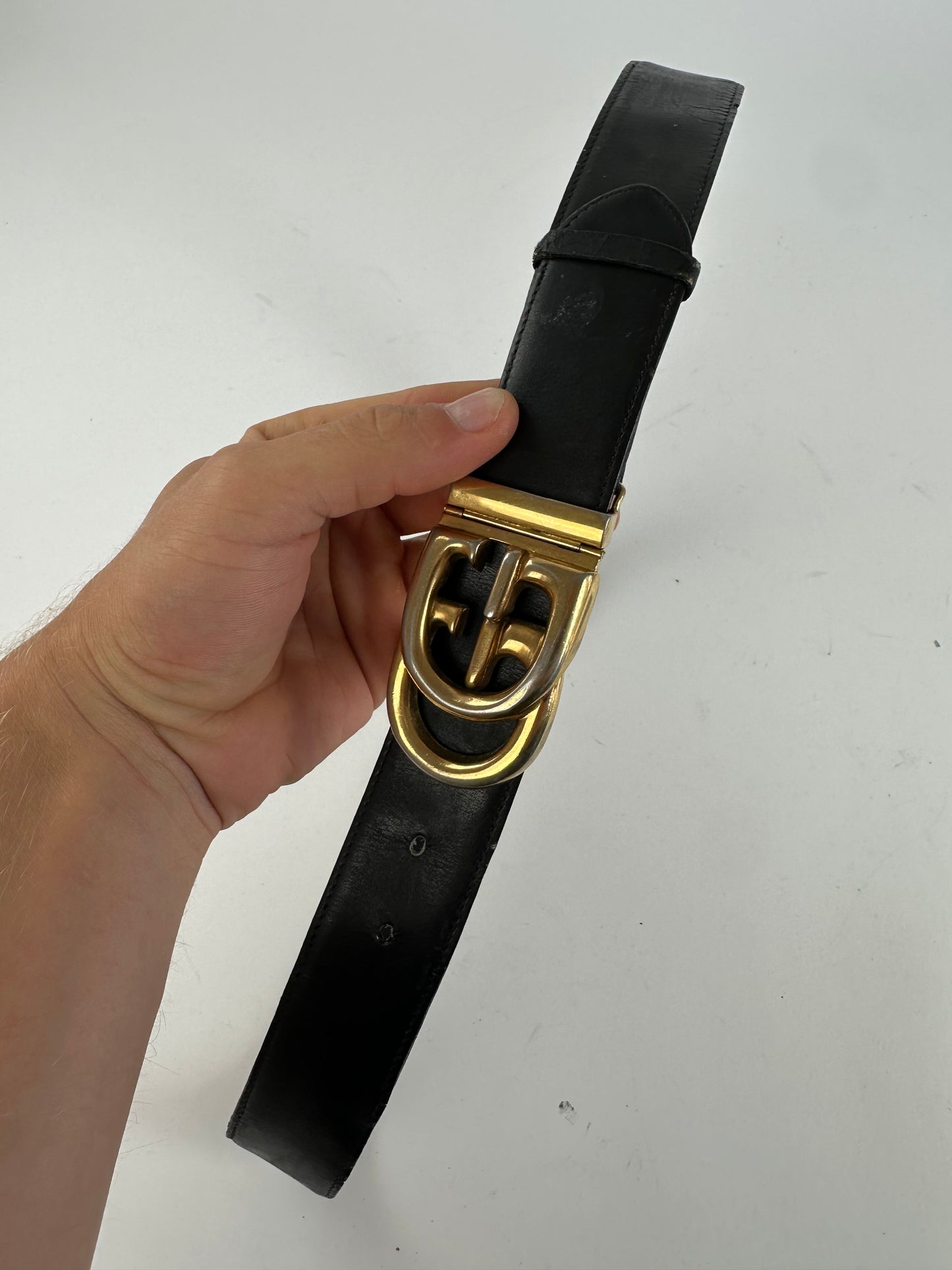 Vintage Gucci GG Logo Leather Belt Black Gold