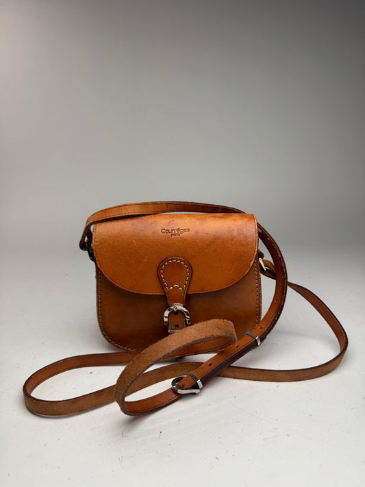 Sac bandoulière vintage en cuir marron Courreges Paris