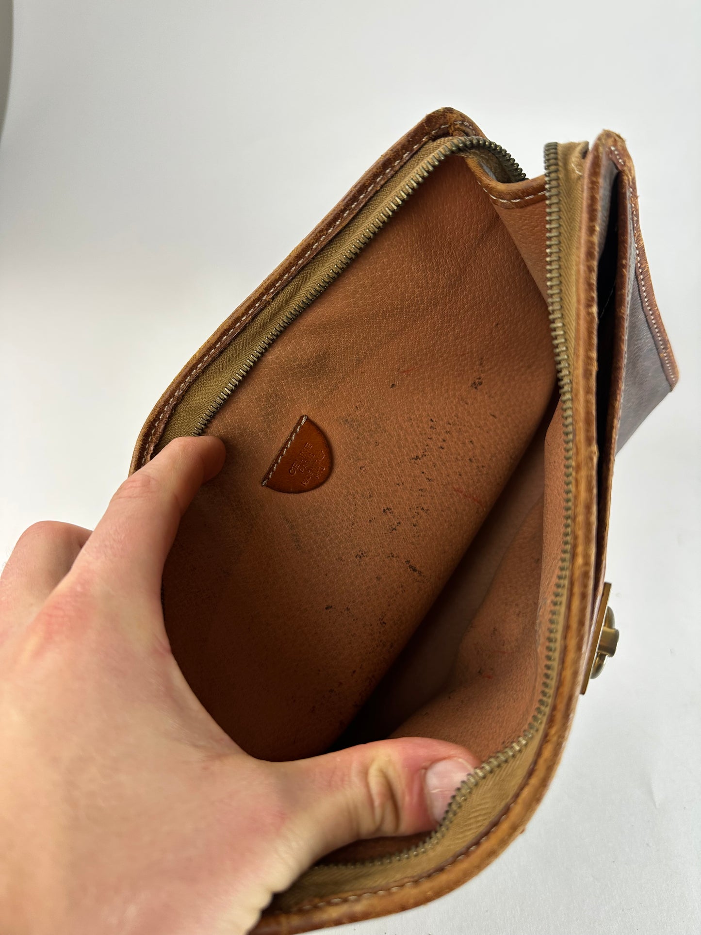 Vintage Celine Paris Triomphe Monogram Leather Clutch Brown