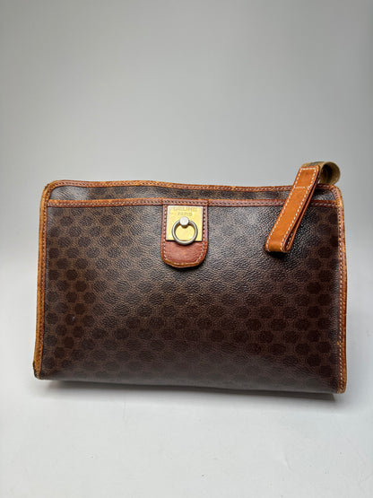 Vintage Celine Paris Triomphe Monogram Leather Clutch Brown