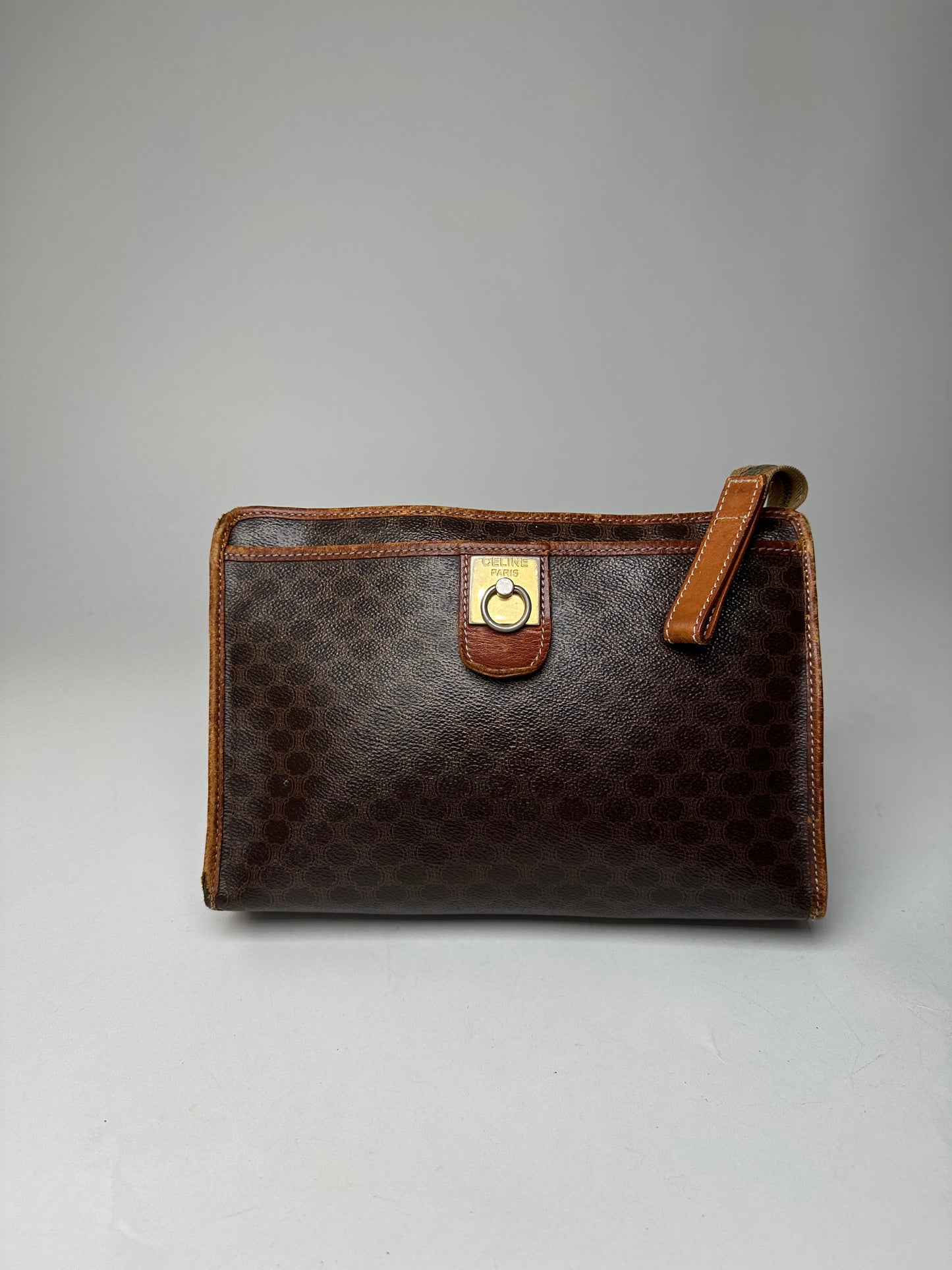 Vintage Celine Paris Triomphe Monogram Leather Clutch Brown