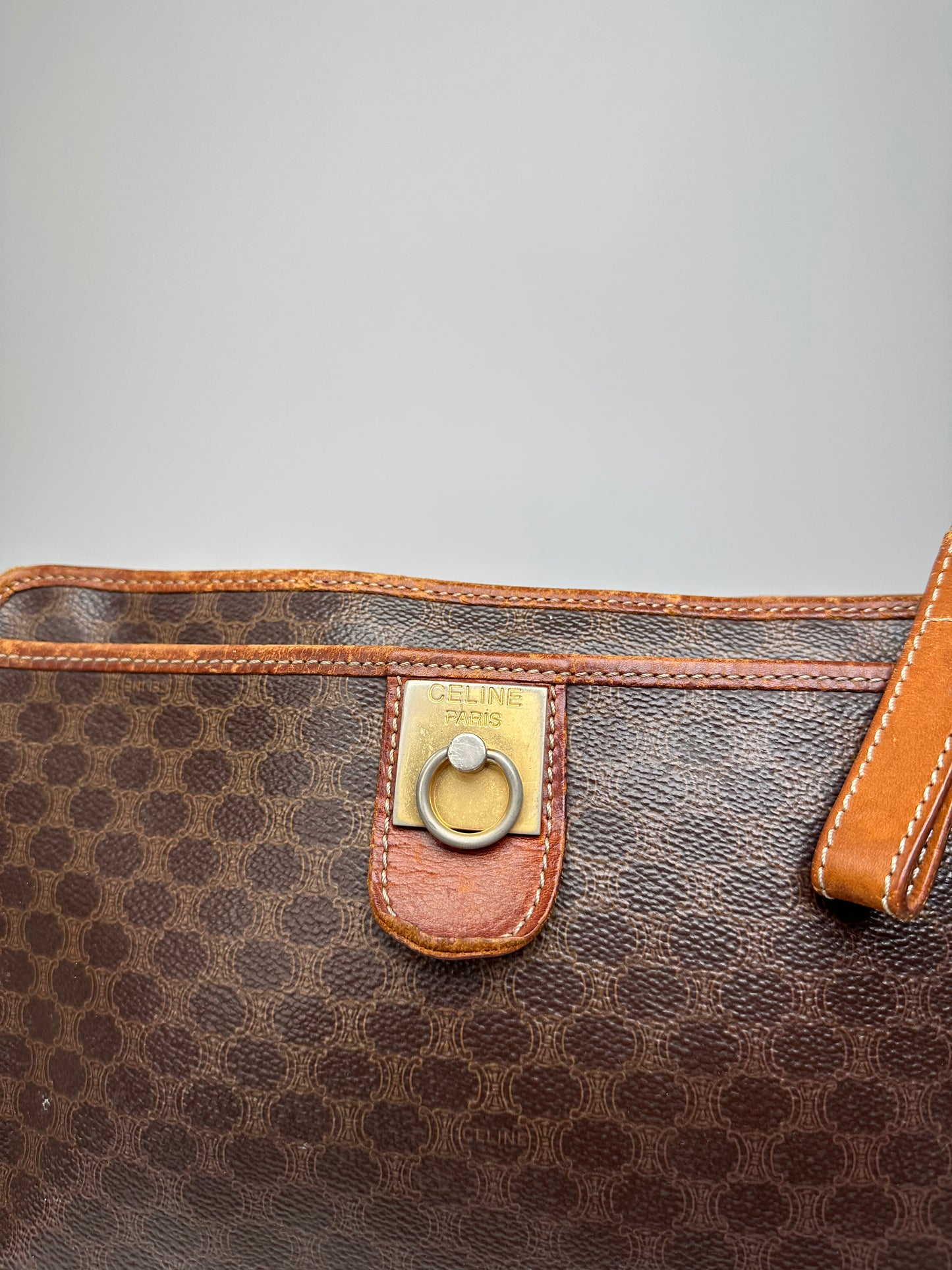 Vintage Celine Paris Triomphe Monogram Leather Clutch Brown