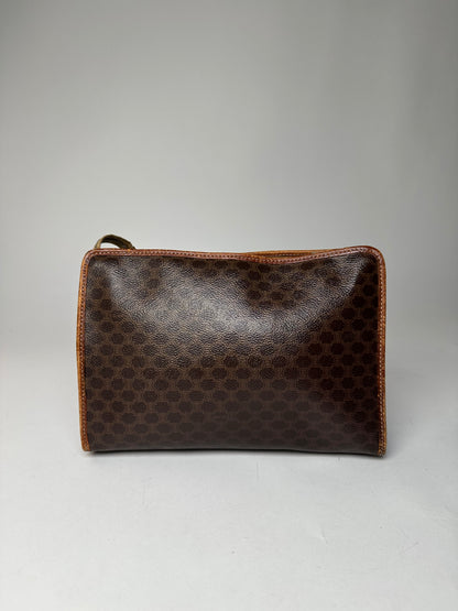 Vintage Celine Paris Triomphe Monogram Leather Clutch Brown
