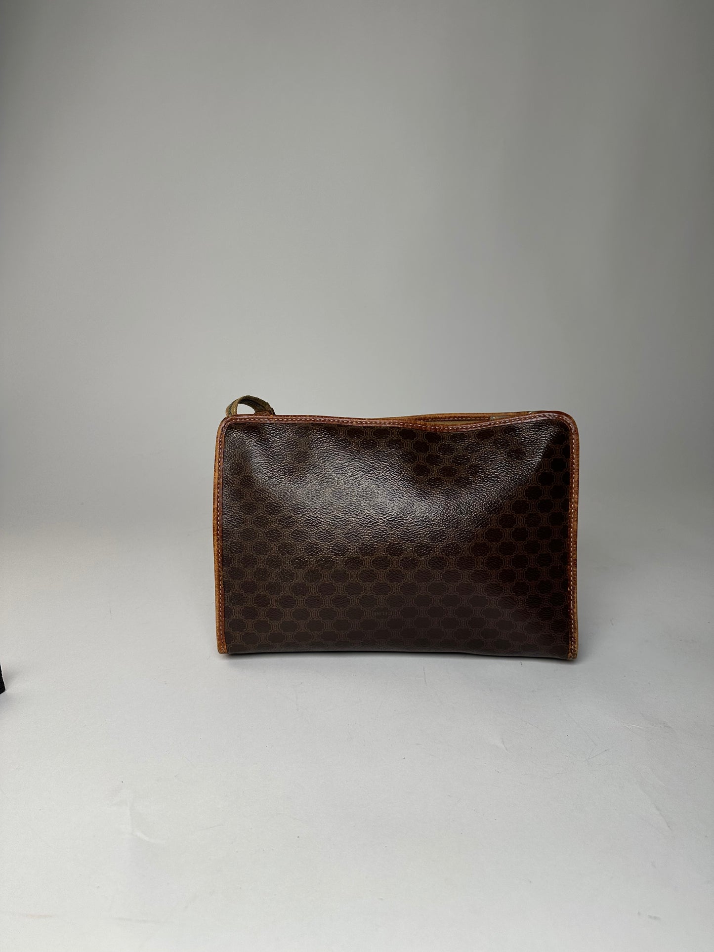 Vintage Celine Paris Triomphe Monogram Leather Clutch Brown