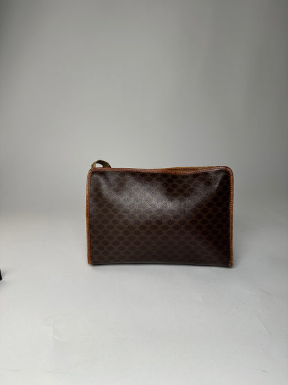 Vintage Celine Paris Triomphe Monogram Leather Clutch Brown