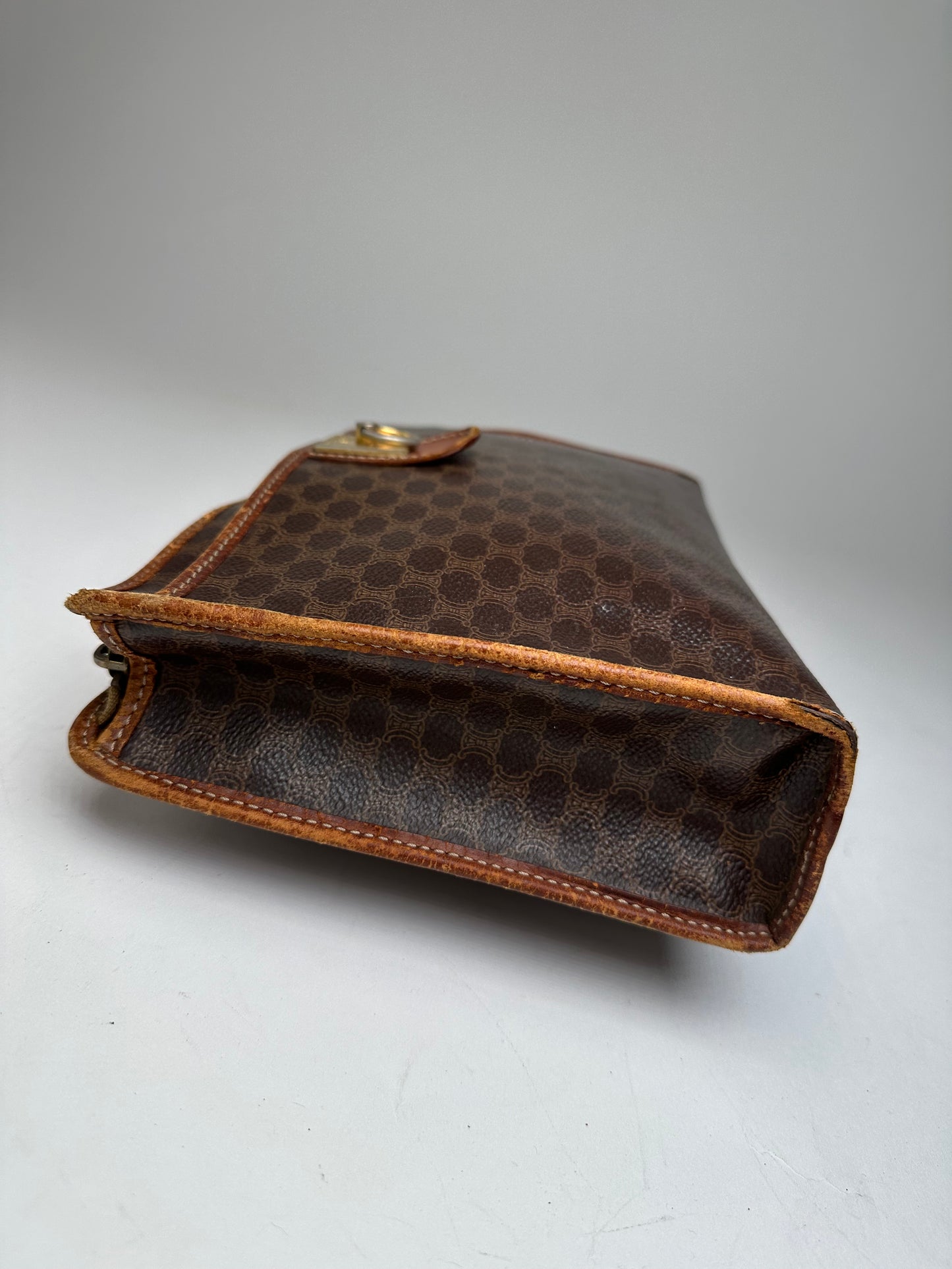 Vintage Celine Paris Triomphe Monogram Leather Clutch Brown