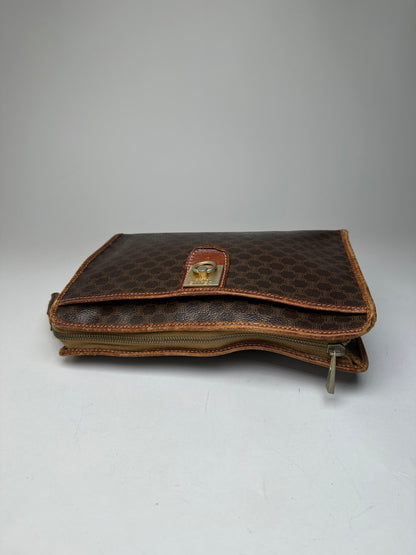 Vintage Celine Paris Triomphe Monogram Leather Clutch Brown
