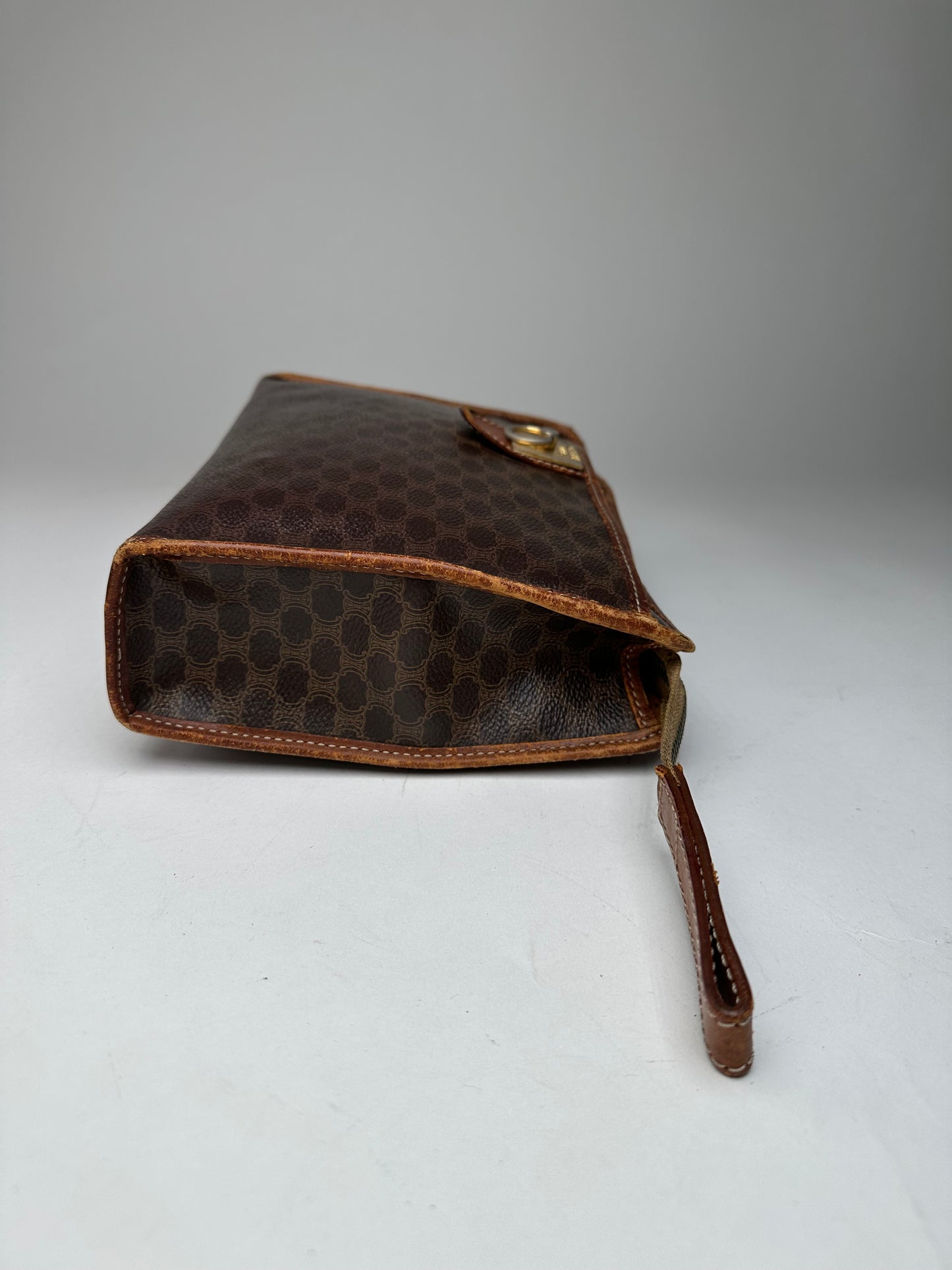 Vintage Celine Paris Triomphe Monogram Leather Clutch Brown