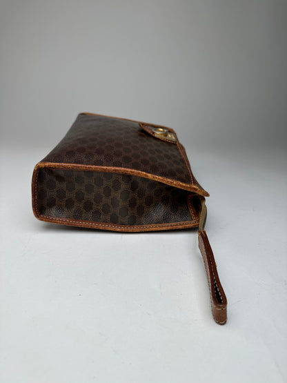 Vintage Celine Paris Triomphe Monogram Leather Clutch Brown