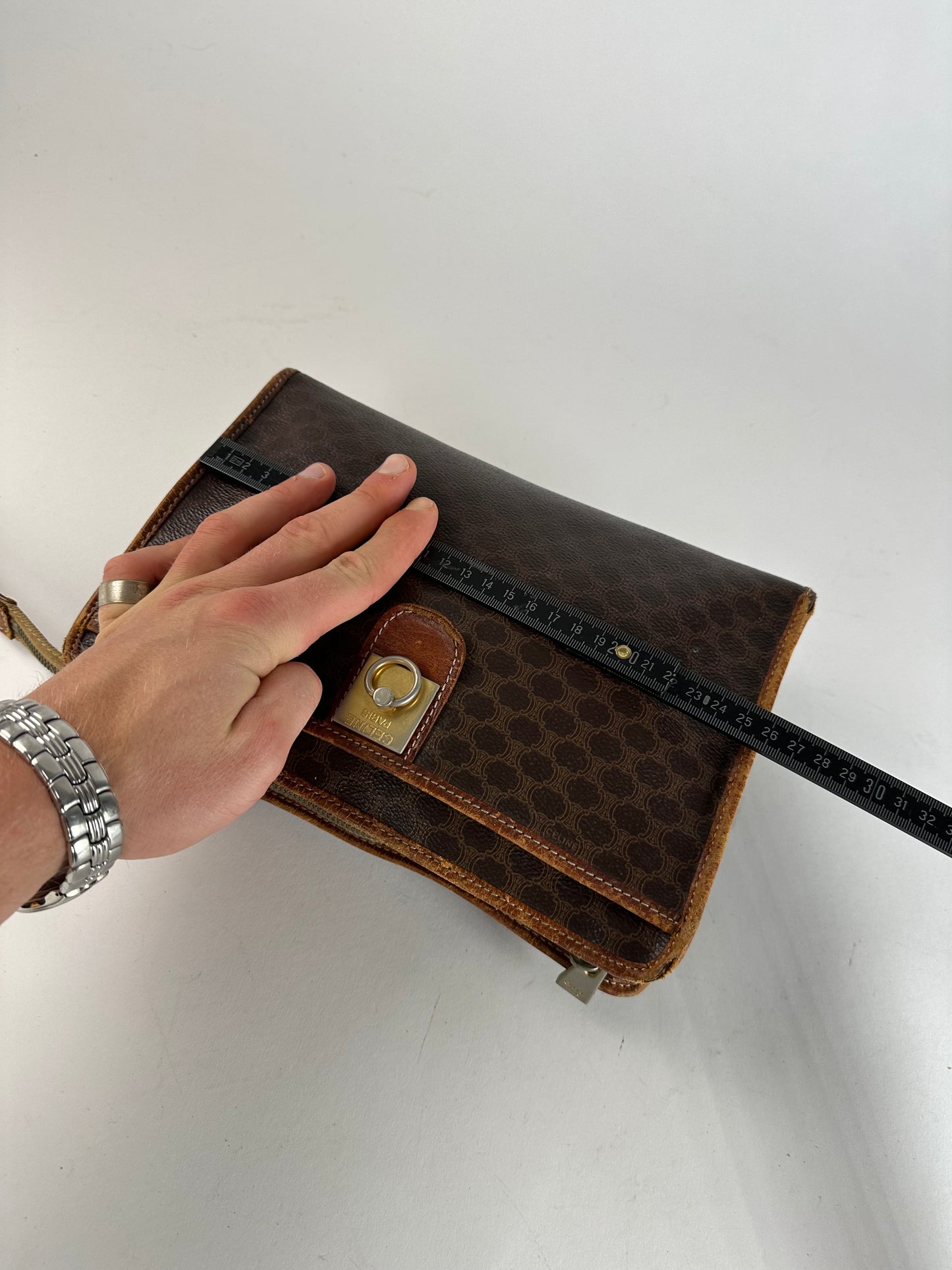 Vintage Celine Paris Triomphe Monogram Leather Clutch Brown