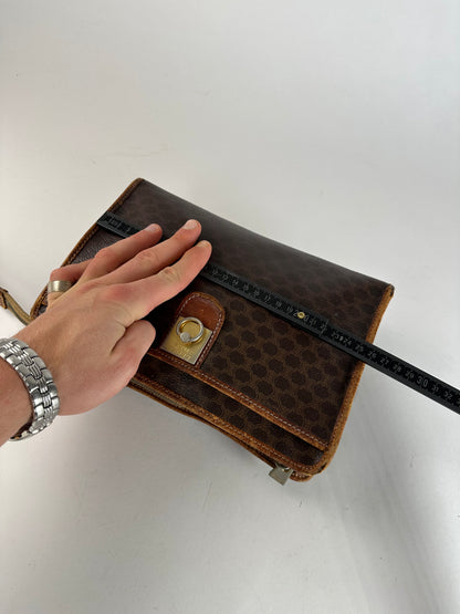 Vintage Celine Paris Triomphe Monogram Leather Clutch Brown